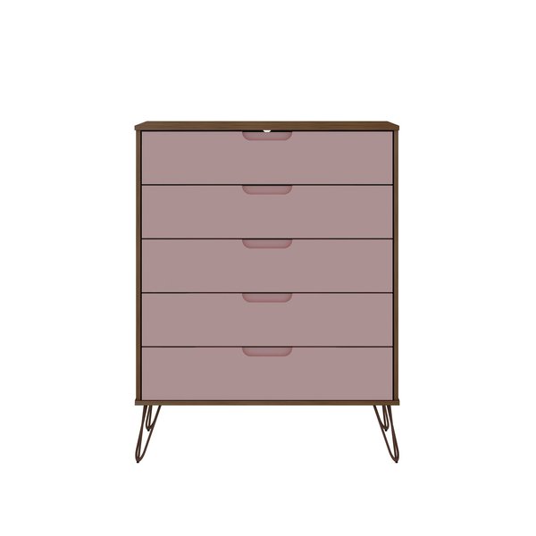 Manhattan Comfort Rockefeller 5-Drawer Tall Dresser in Nature and Rose Pink 154GMC6